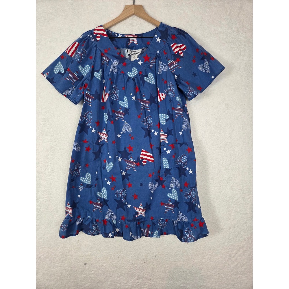 Anthony Richards MP Patriotic Stars Hearts Lounger House Dress Blue Red Novelty
